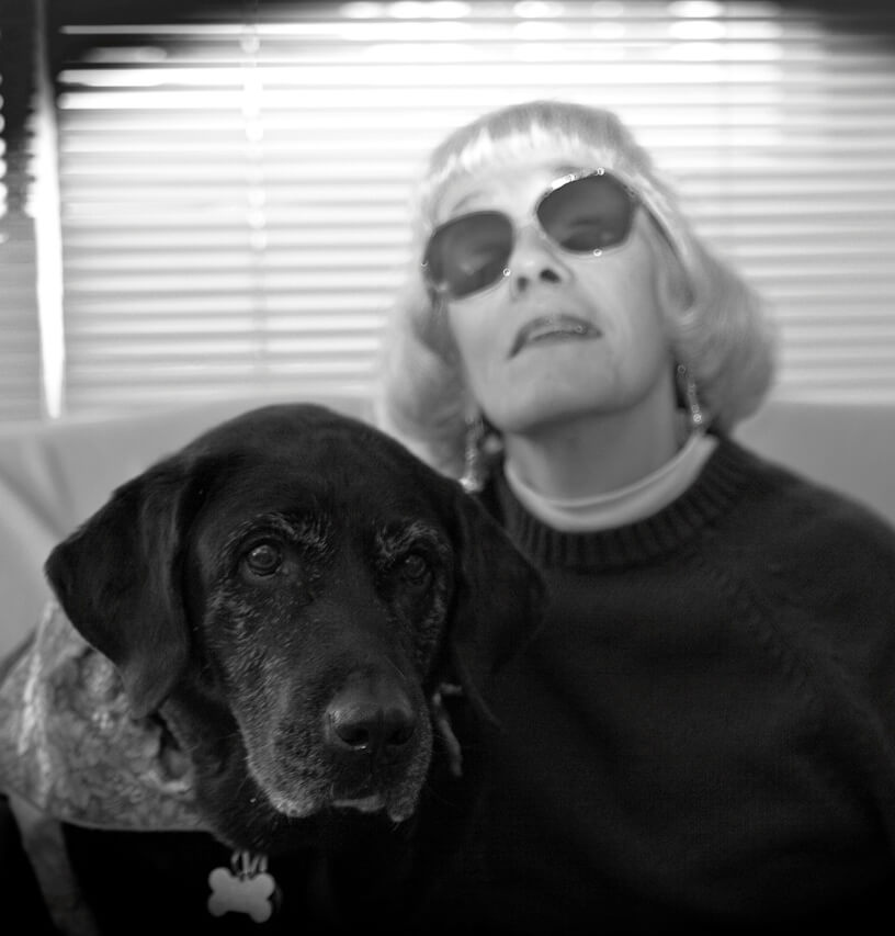 Graduate Sally Rosenthal with retired guide dog, Boise