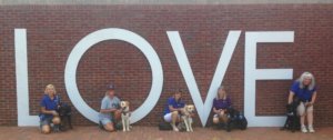 A few of our raisers and pups are all in front of the large letters L-O-V-E outside of the Manassas museum. From right to left: Raiser Diane Conness is kneeling next to 15 month male black labrador Jeeter from the Virginia Beach area that she was puppy sitting at the time; Brigitte Bombardier is kneeling next to 13 month male yellow labrador Weston, Dawn Marie Harvey is kneeling next to 16 month male yellow labrador Barry (who is now In Training at Yorktown Heights), Linda Saylor is kneeling next to 8 month black labrador Hodge, and 4 month old black labrador, Dozer, is in a sit position next to raiser Kristin Meredith who is bending over toward Dozer.