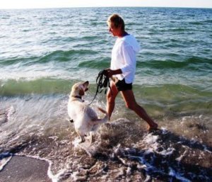 Guiding Eyes grads Deni and Alberta play together on the beach.