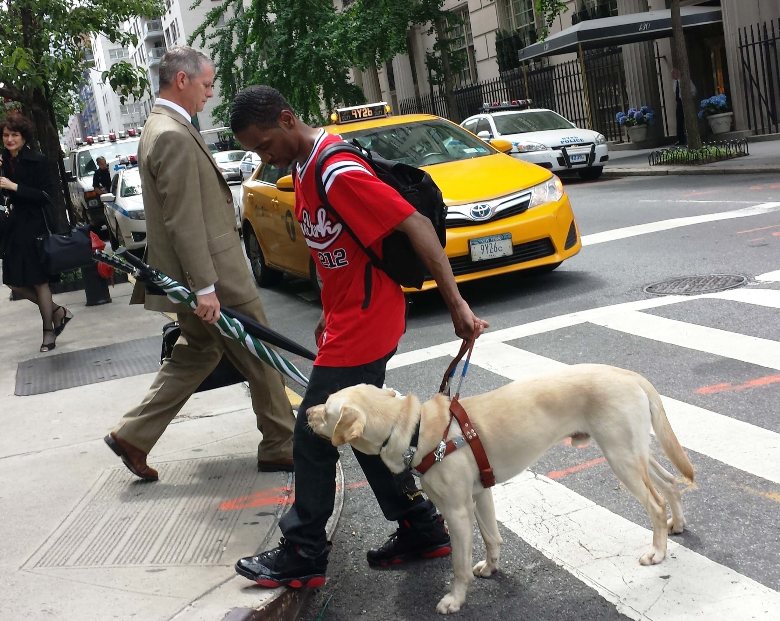 Emmanuel and Reed safely cross a busy NYC street 