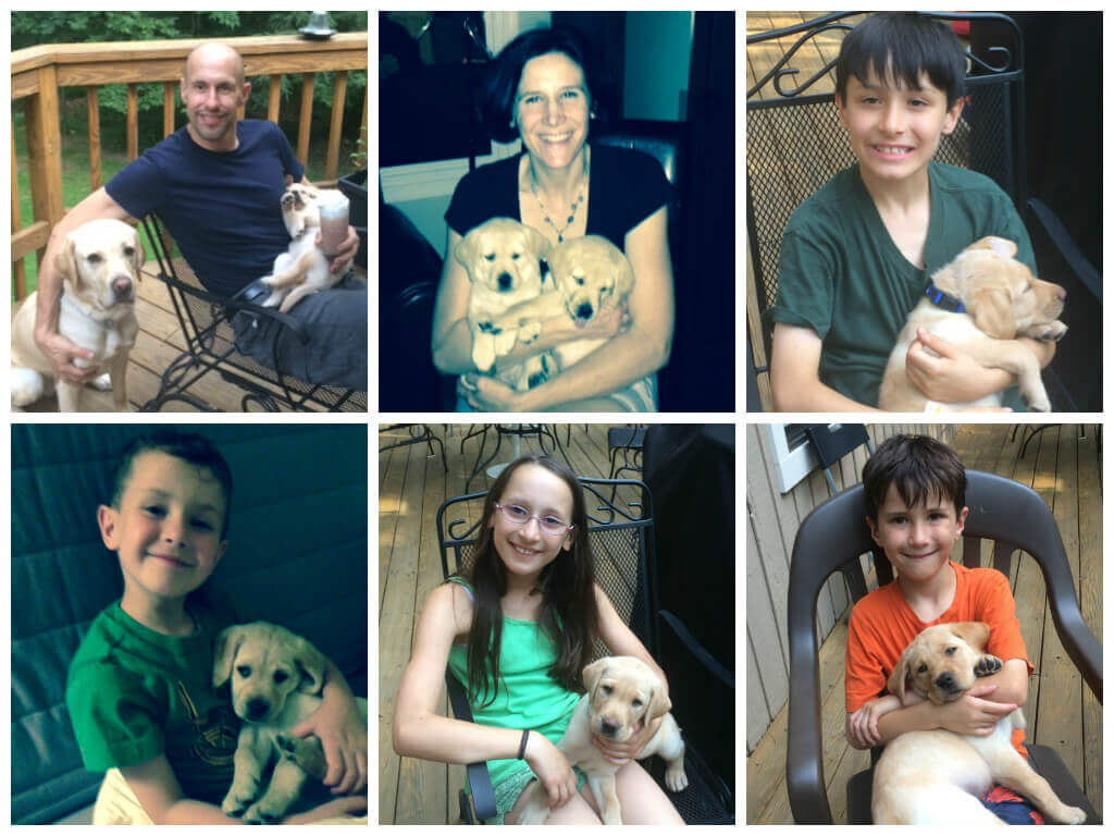 Collage of the Panek family with pups Nimble and Nan