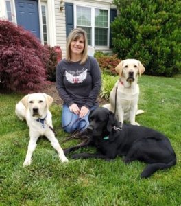 Dawn kneels in the grass surrounded by her "pack": yellow lab Colonel, black lab Banner, and yellow lab Barry.