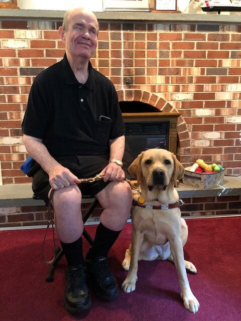 John and Darcy, a yellow lab guide dog in harness.