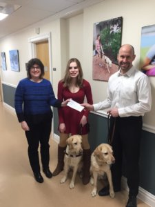 Kristine Carney and graduate Melissa Carney present Thomas Panek with a donation from Liberty Bank to Guiding Eyes for the Blind. They are joined by Melissa’s guide dog Aron, Tom’s guide dog Gus, and are positioned in front of a photo of Melissa and Aron that hangs on the wall of Guiding Eyes for the Blind’s Yorktown Heights campus.