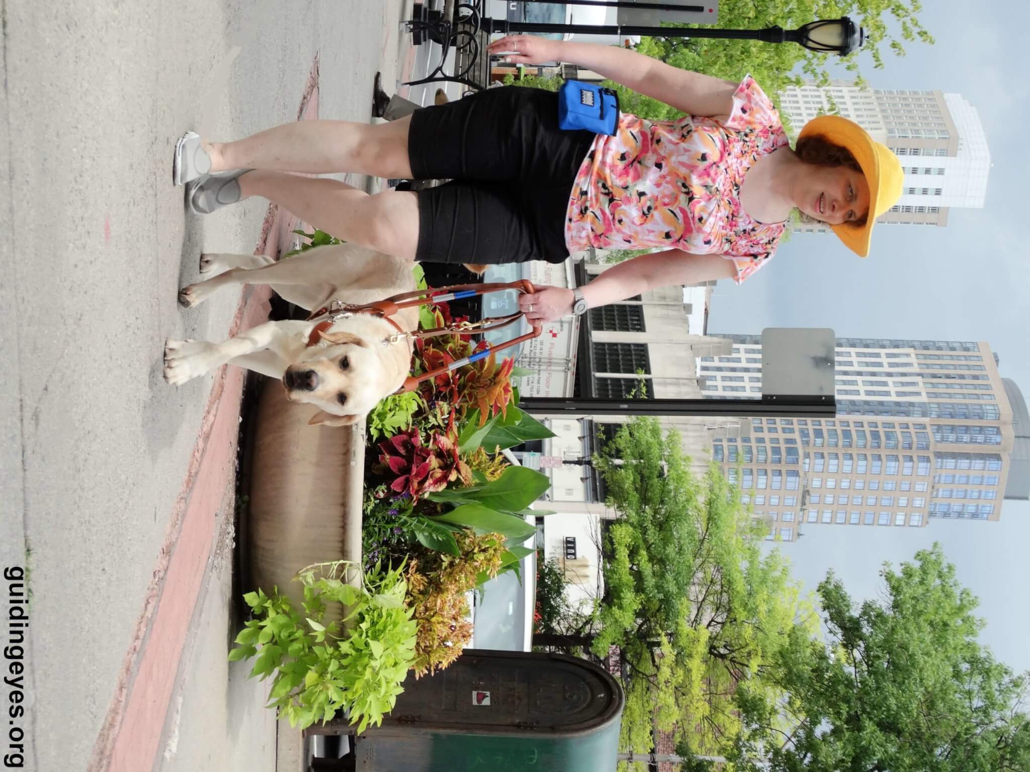 Kathy and her guide dog Nacho, independently walking down the sidewalk in White Plains, NY
