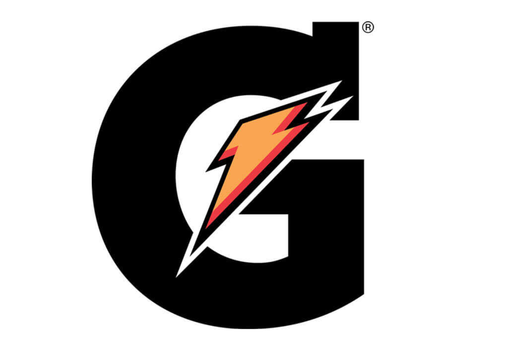Gatorade logo of bold black letter G with orange lightning bolt