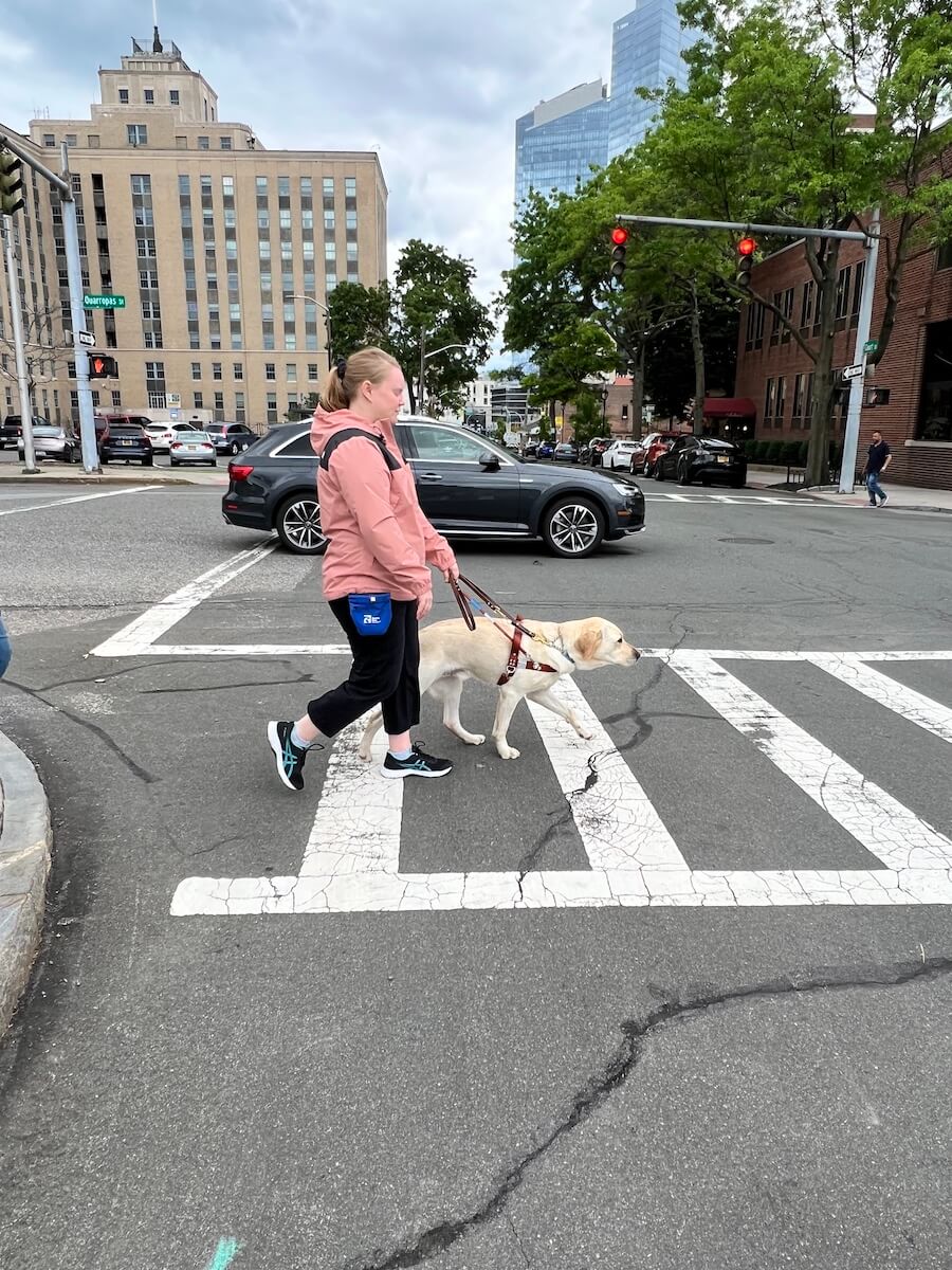 Lauen and Austin pass safely through a crosswalk