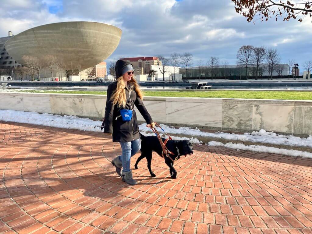 Michaela and guide Eleanor walk the campus of SUNY Albany