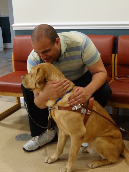 student leans from chair to hug yellow lab guide