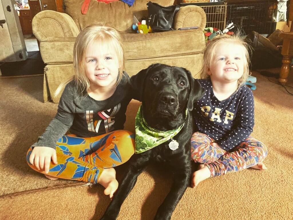 Black Lab Roswell sits with her friends, the raiser's young granddaughters