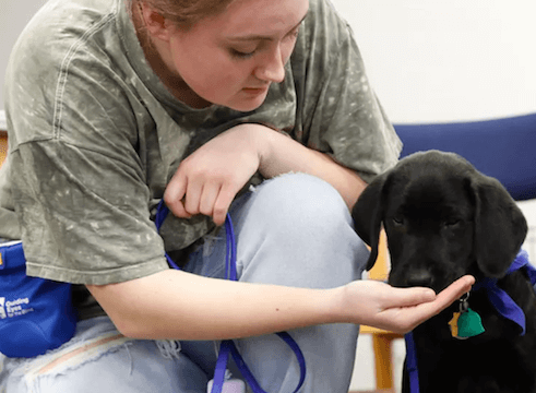 Taylor and puppy Ink at SUNY Oneonta work together