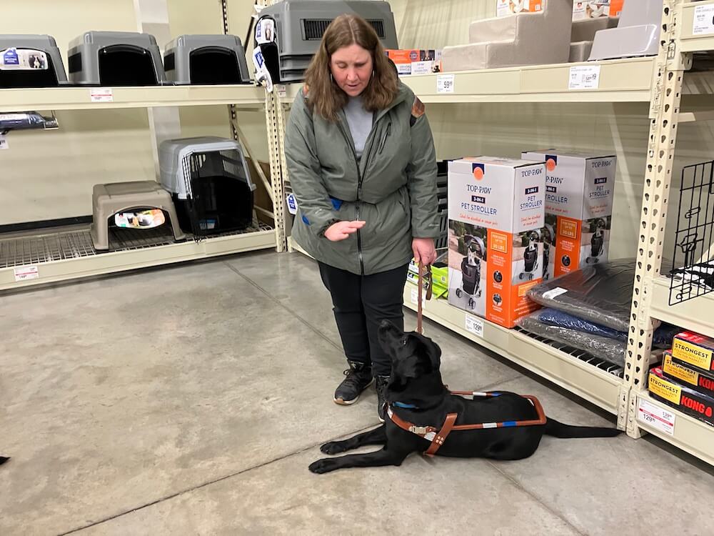 Donna and Toby practice skills in the pet aisle