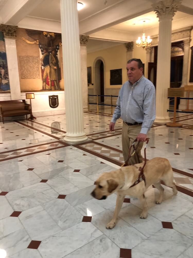Carl and Tigger navigate through the Massachusetts State House