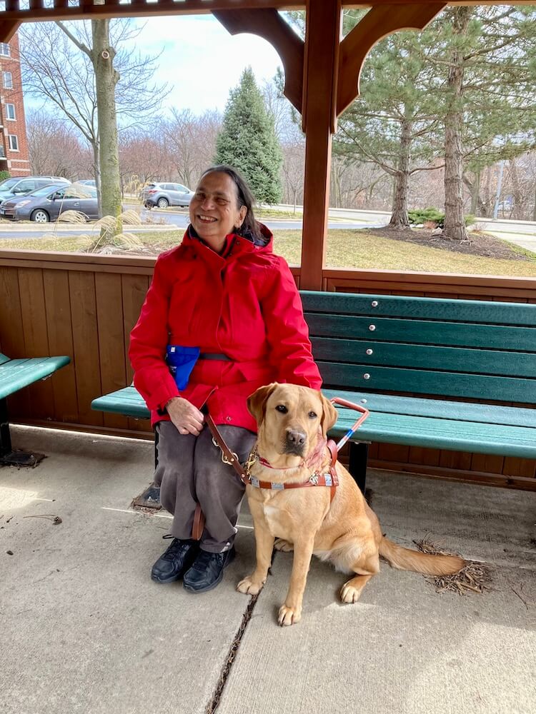 Cindy and yellow lab guide Barlie sit on green bench in park-like setting