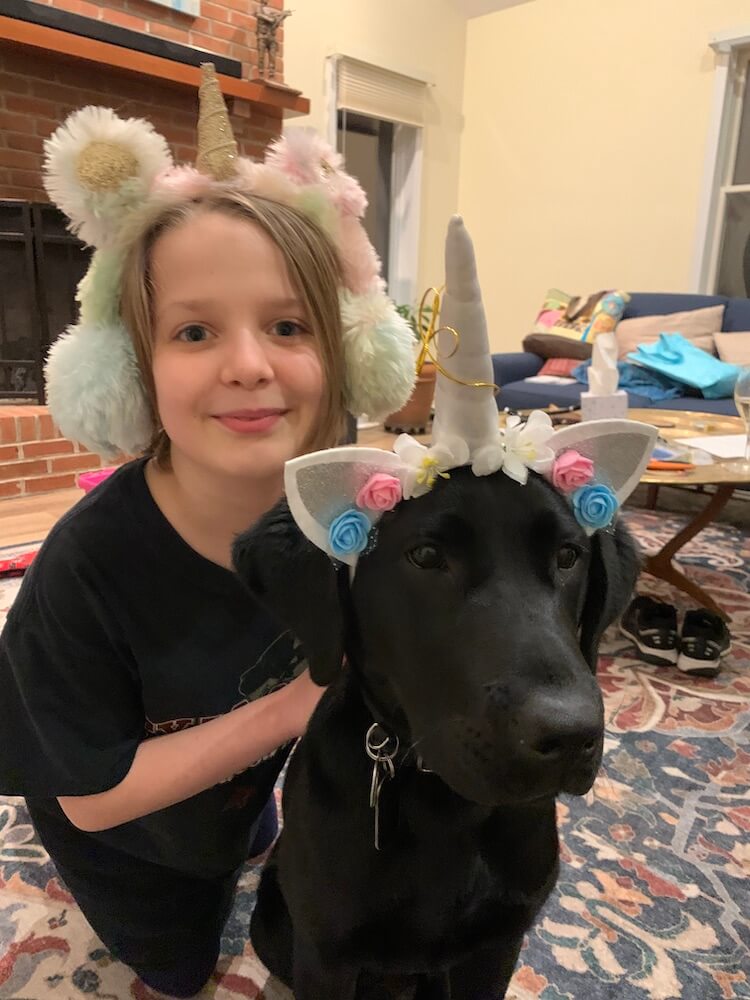 Pup Maggie and friend sport Unicorn headpieces