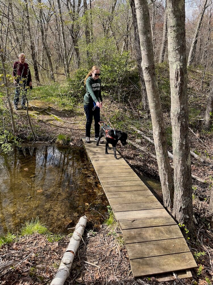 Tiffani and Maggie walk a narrow foot bridge woods with her dad