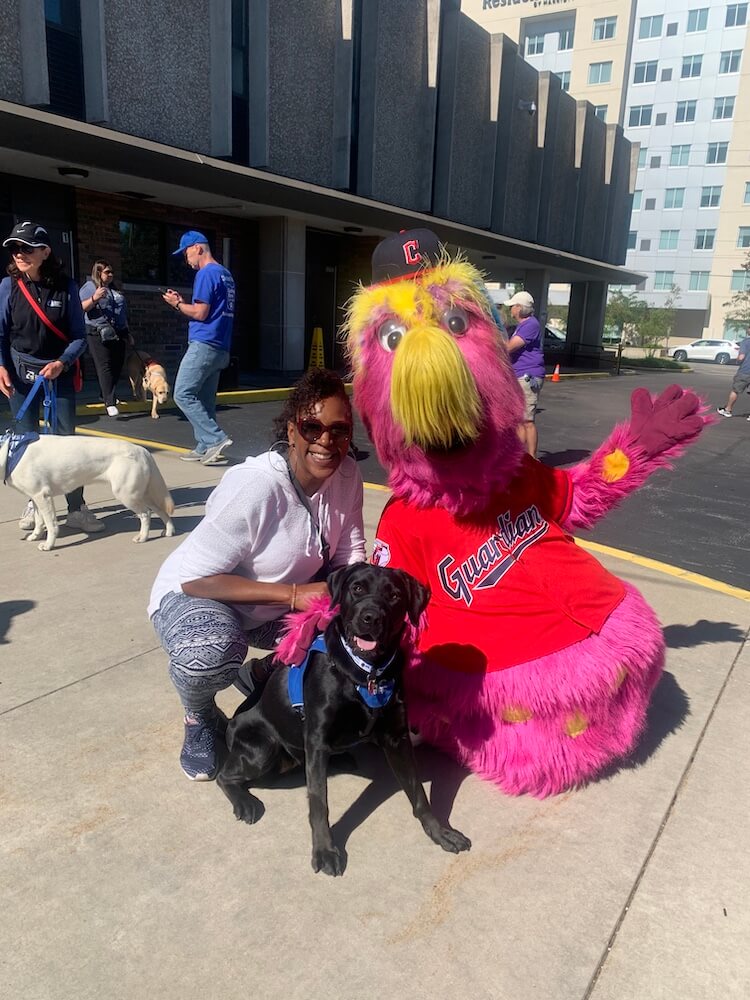 A smiling pup on program Charlene with raiser and Cleveland Guardians bright fuzzy mascot Slider