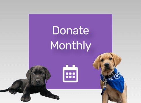 A purple square saying Donate Monthly and a calendar page graphic on a lighter gray background