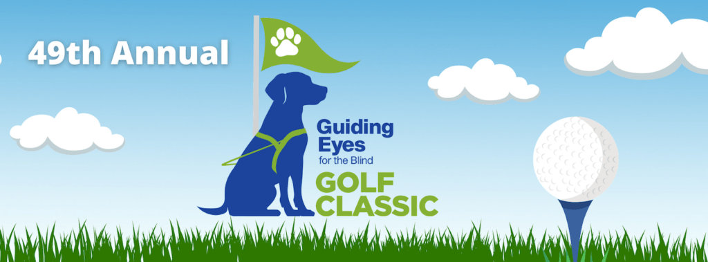 A dark blue guide dog silhouette in a green harness sits next to a green flag with a white paw icon. There is a blue tee and ball in the foreground and grassy bottom border against blue sky & white fluffy clouds. Text says 49th Annual Guiding Eyes for the Blind Golf Classic