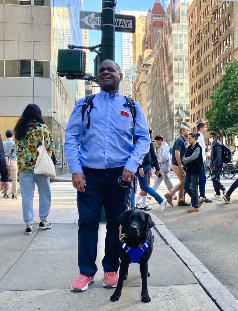 On a busy NYC street a man in blue smiles while walking with his black Lab guide dog during training