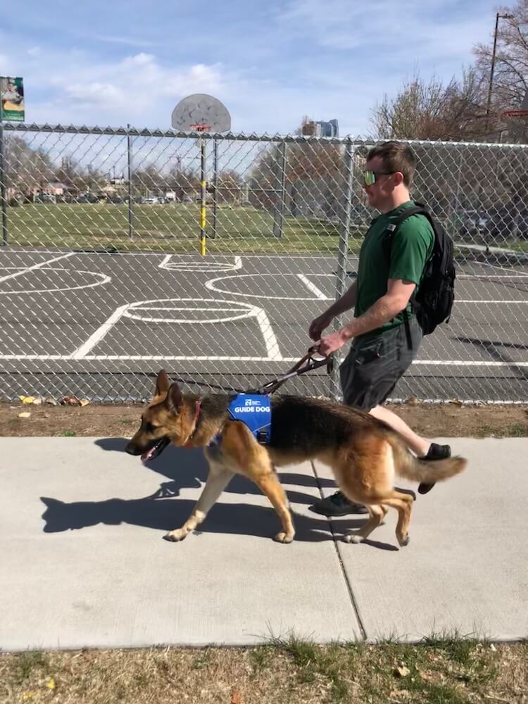 Zach and Fritz walk quickly and safely past a chain link fence & basketball court