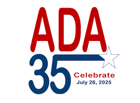 Large red ADA atop the extended line of the # 35 which ends in a star outline. Celebrate in smaller red and July 26, 2025 in blue