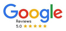 Google reviews 5.0 - colorful trademark text with five gold stars