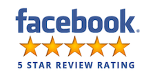 Facebook in blue with five gold stars and text 5 star review rating
