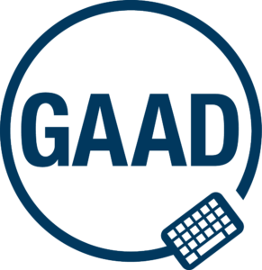 The letters GAAD in a circle ending in a small keyboard (at 5 o'clock position)