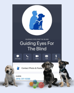 A mobile contact card depicting Guiding Eyes logo in a white circle, with 914.201.9288 shown and a yellow, a black and a GS puppy sit in front of it