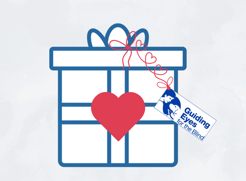 graphic of outline of a wrapped gift box with red heart and strings to tag of GEB logo