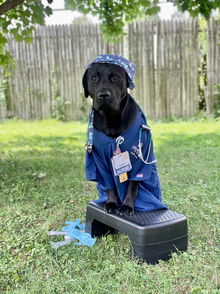 Gideon is dressed in cap and scrubs wearing stethoscope and Nurse badge