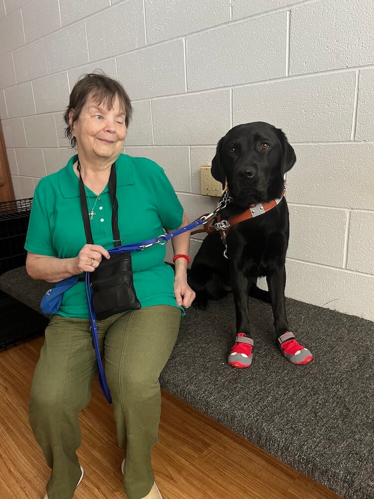 Arlene sits on grooming bench with black Lab Yardley who wears red booties
