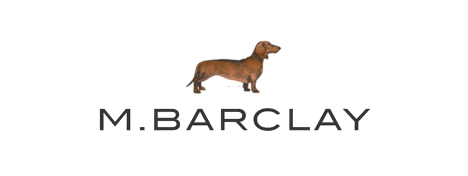 logo with brown dachshund profile above slim lettering M. Barclay