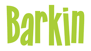 tall bright green letters spell Barkin on white background