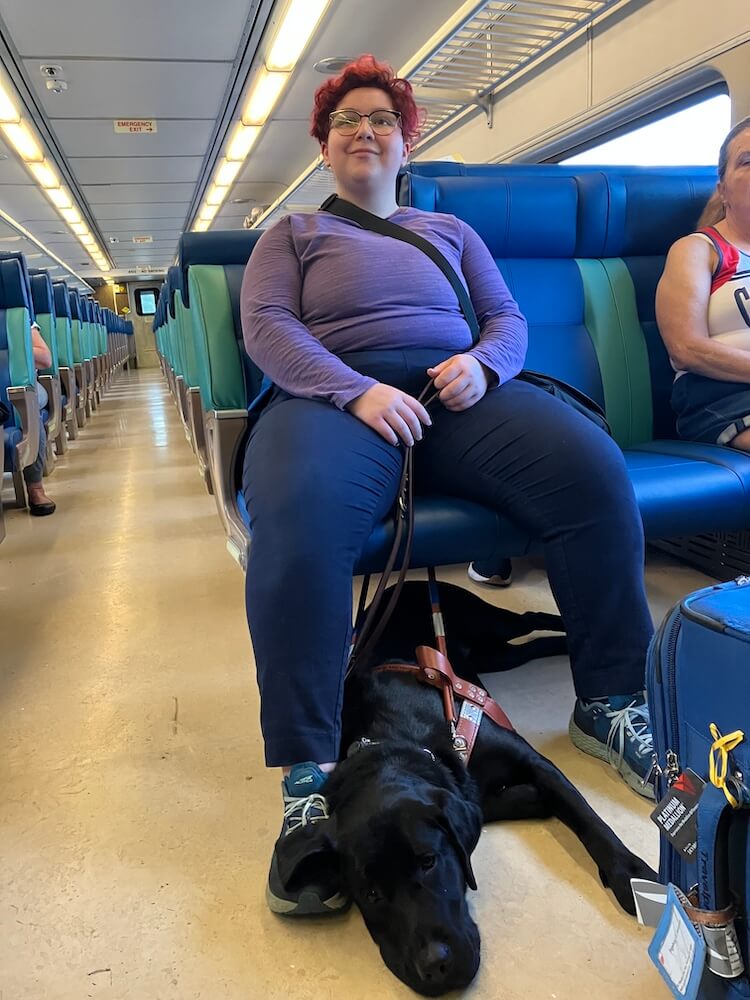 Logen enjoying the train to NYC with a sleeping Amari between her feet