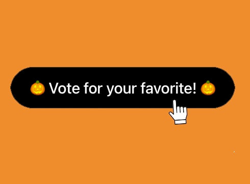 black button Vote for Your Favorite with white pointer, jackolantern icons on orange block