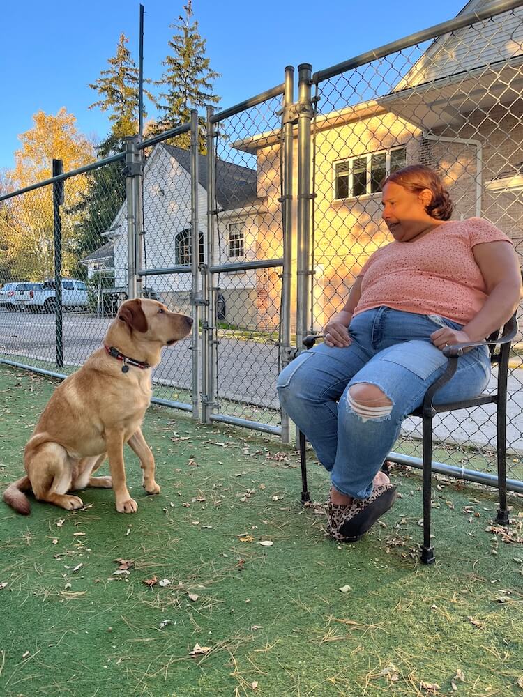 Zephyr is attentive to handler Catalina in the Yorktown campus dog run