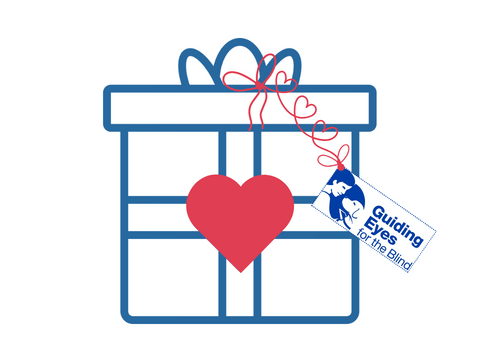 graphic of outline of a wrapped gift box with red heart and strings to tag of GEB logo