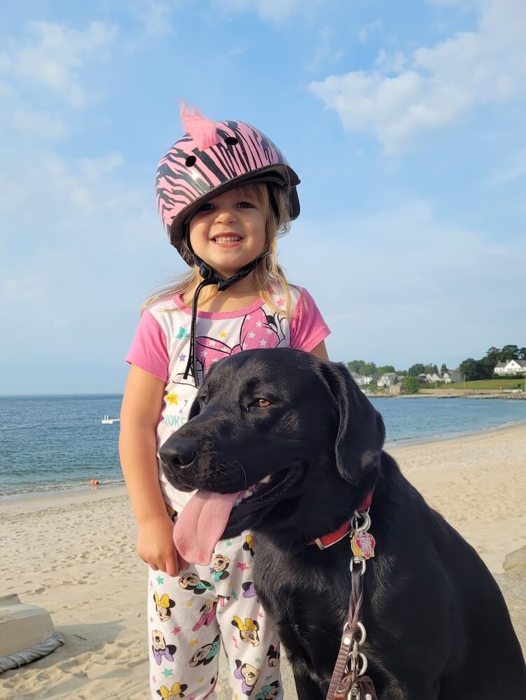 black lab pup Emerson sits on beach with tongue out happily with small girl in pink Minnie Mouse attire & bike helmet