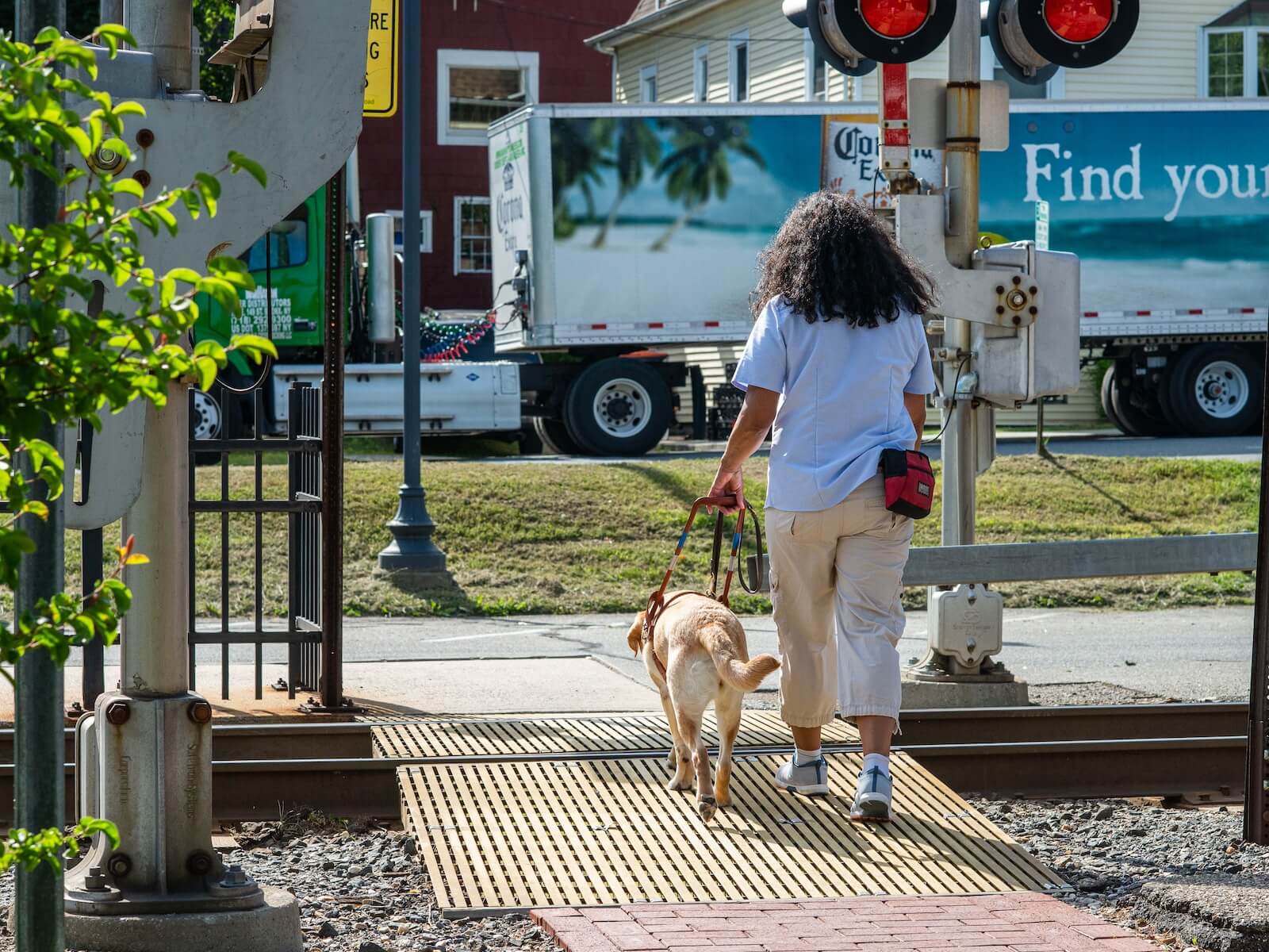GDMI and yellow guide dog in training walk over railroad pedestrian crossing