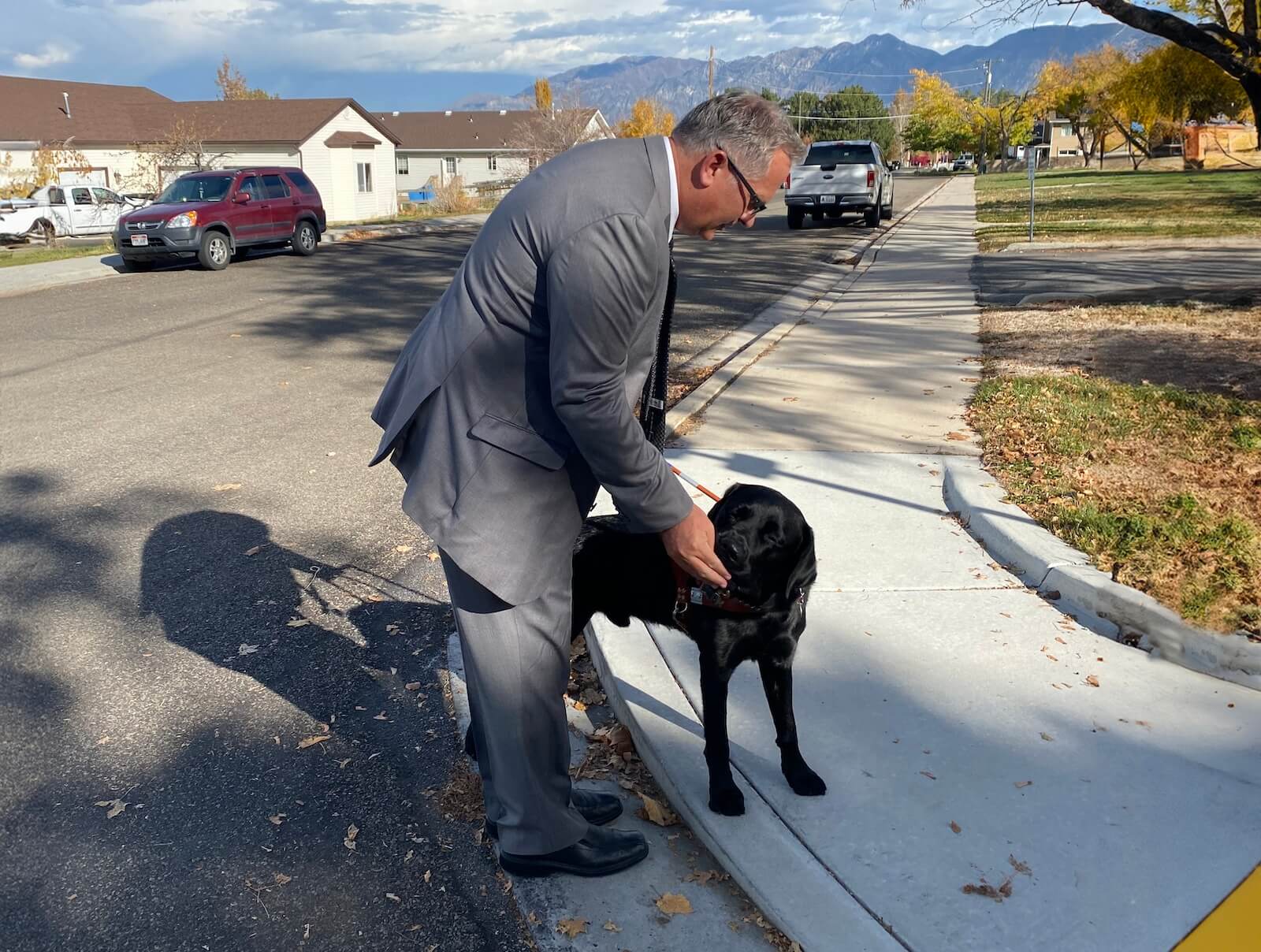 Man in business suit stops at sidewalk curb and rewards black lab guide dog