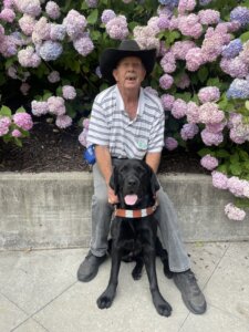 John and his GD Bankie sit at a retaining wall with a colorful display of Hydrangea flowers