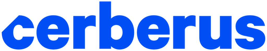 Cerberus logo - wide blue lower case font with angular cut to the first letter