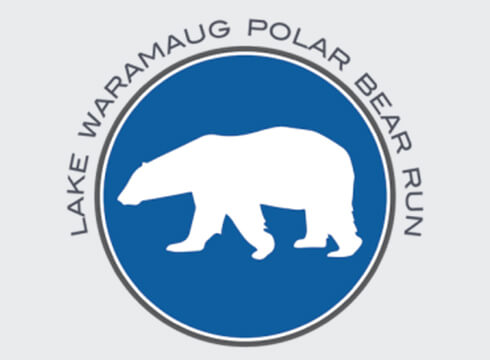 The logo for the Lake Waramaug Polar Bear Run has a white polar bear inside a blue circle with text around the outer perimeter