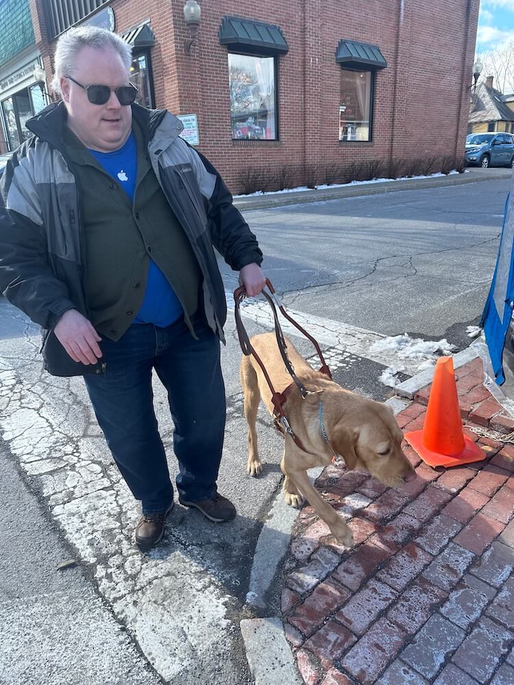 Handler William and guide Hopkins reach the brick curb after crossing a street