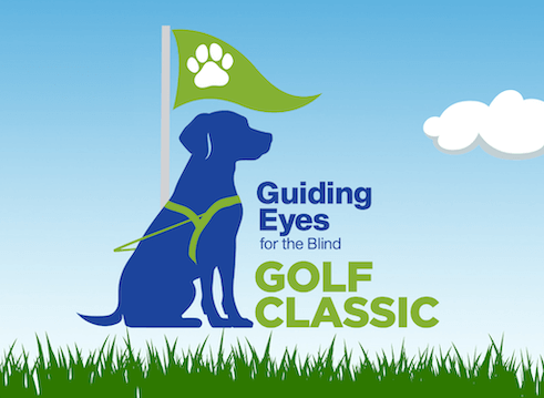 A dark blue guide dog silhouette wears a green harness and sits next to a green flag with a white paw icon. There is a grassy bottom border. Background is a blue sky & white fluffy cloud. Text says Guiding Eyes for the Blind Golf Classic
