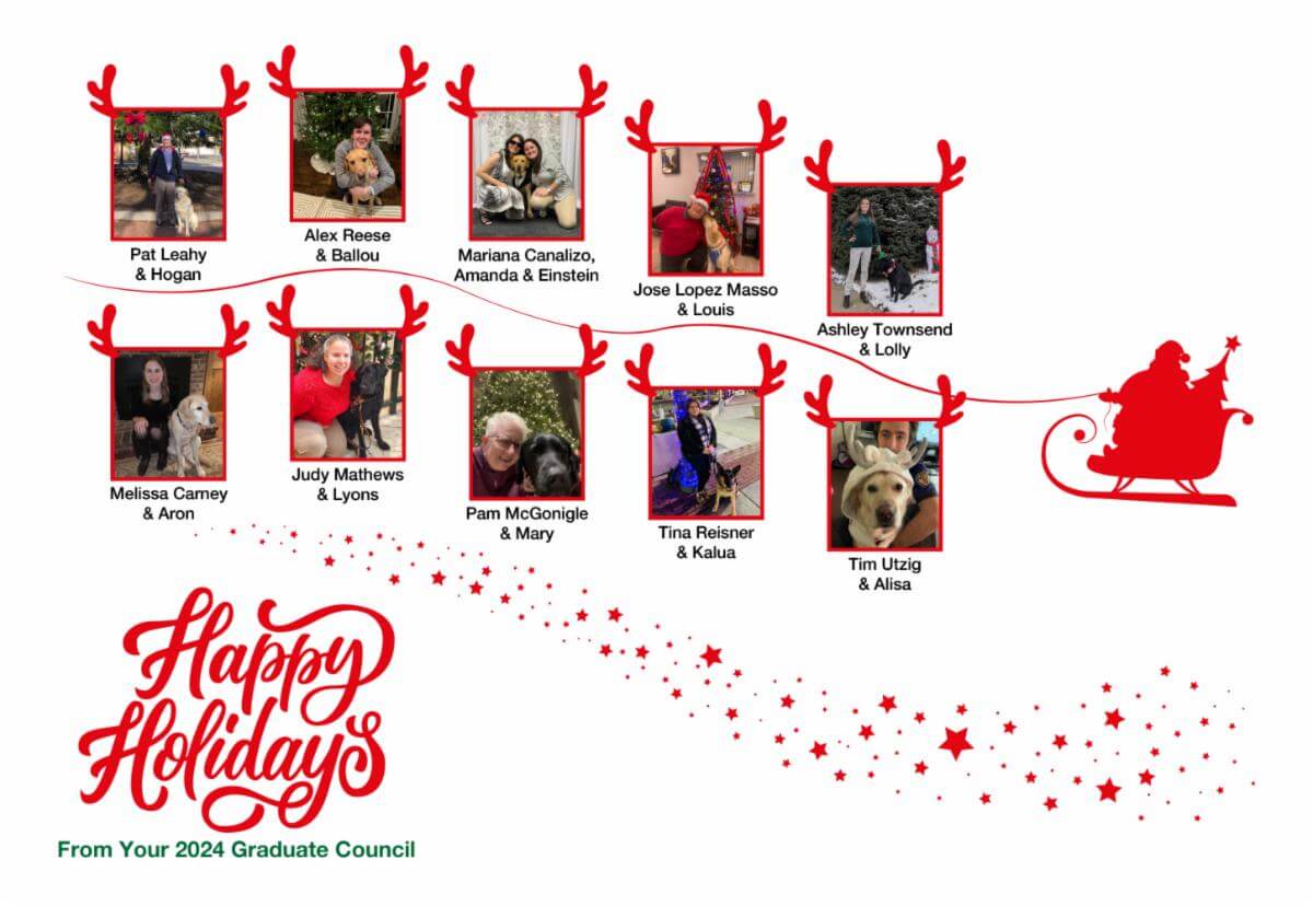 photos of grad council members pull Santa's sleigh - Full alt text in post