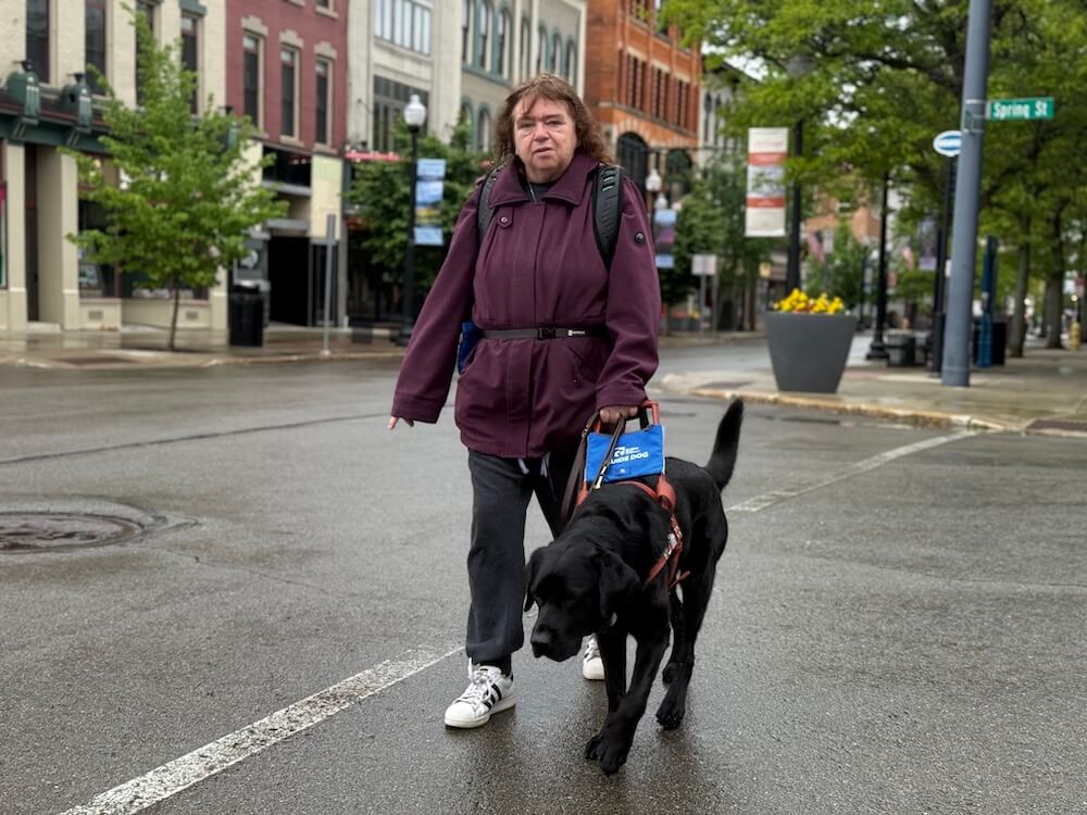 Vintage leads Rose safely across a rainy street in her neighborhood