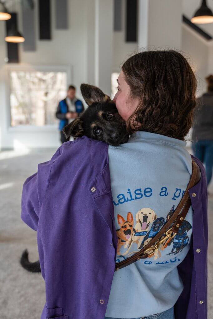 Woman holds a German Shepherd puppy against her shoulder with head on a purple jacket.